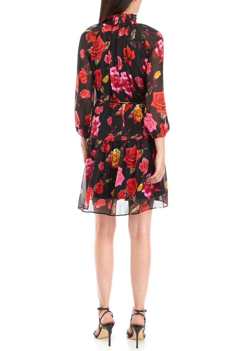 Womens Long Sleeve Tie Waist Floral A-Line Dress 