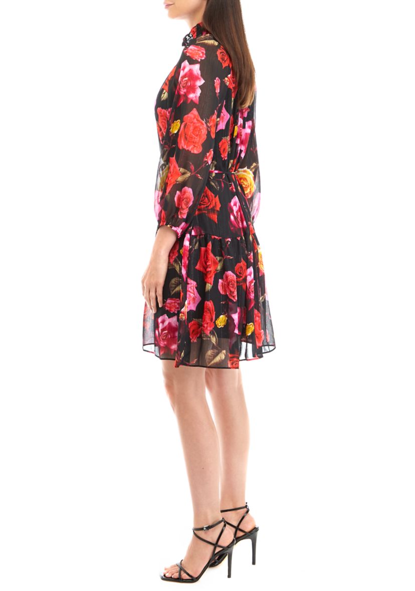 Womens Long Sleeve Tie Waist Floral A-Line Dress 