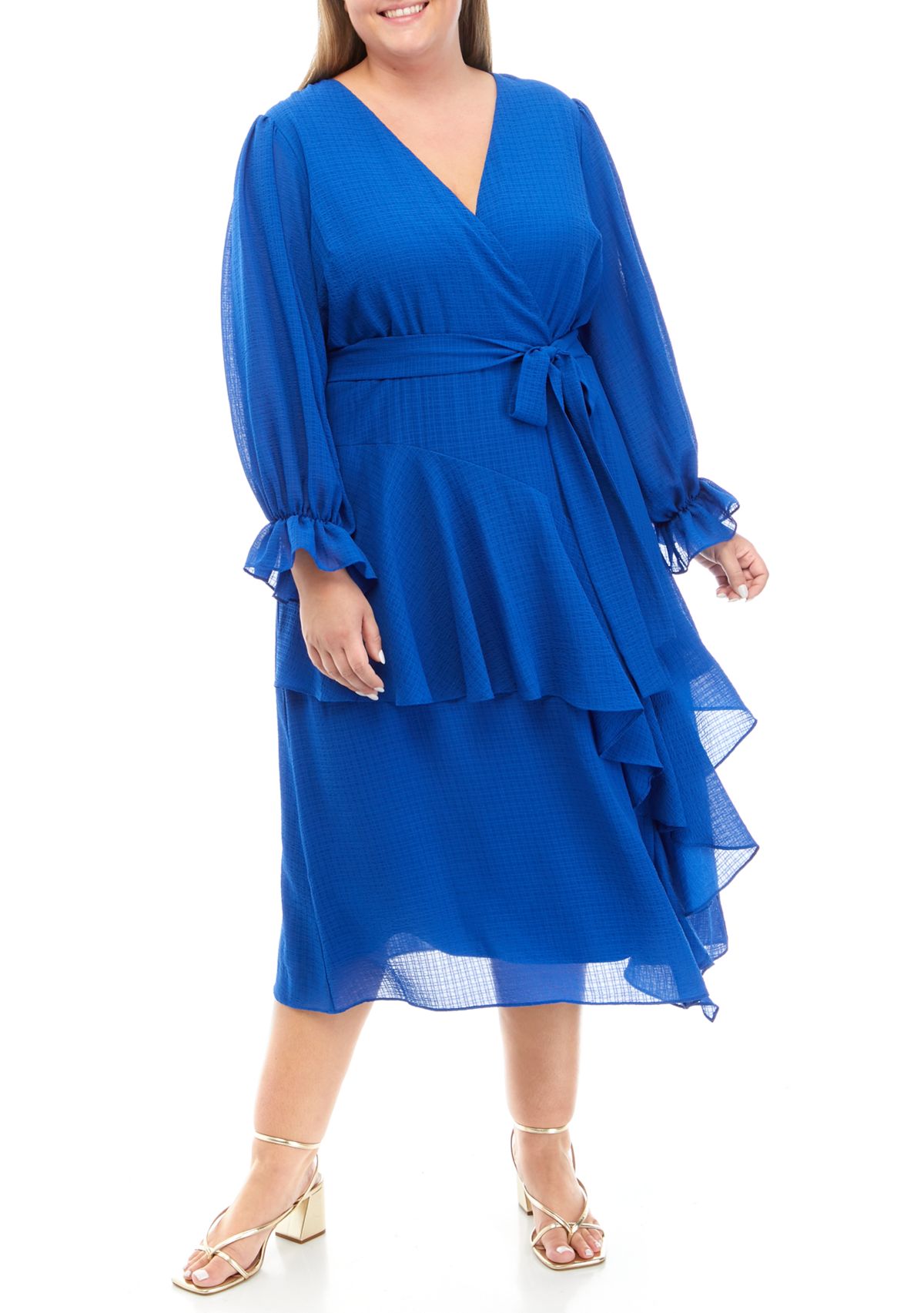 Plus Size Long Sleeve V-Neck Solid Wrap Dress