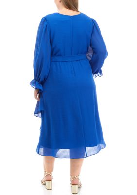 Plus Long Sleeve V-Neck Solid Wrap Dress