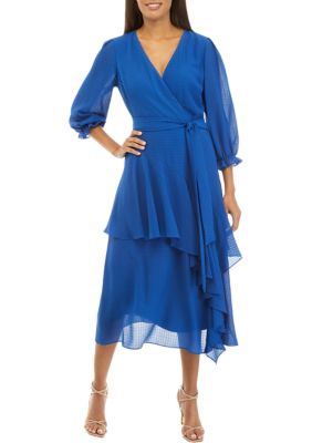 Women's 3/4 Sleeve V-Neck Solid Wrap Chiffon Dress