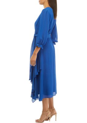 Women's 3/4 Sleeve V-Neck Solid Wrap Chiffon Dress