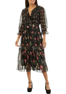 Women's 3/4 Sleeve V-Neck Floral Chiffon Fit and Flare Dress