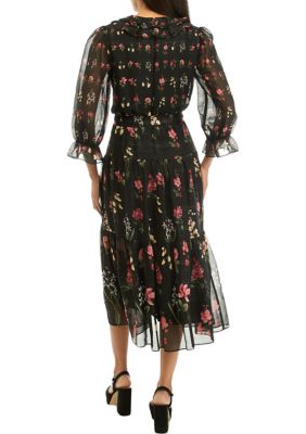 Women's 3/4 Sleeve V-Neck Floral Chiffon Fit and Flare Dress