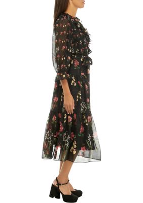Women's 3/4 Sleeve V-Neck Floral Chiffon Fit and Flare Dress