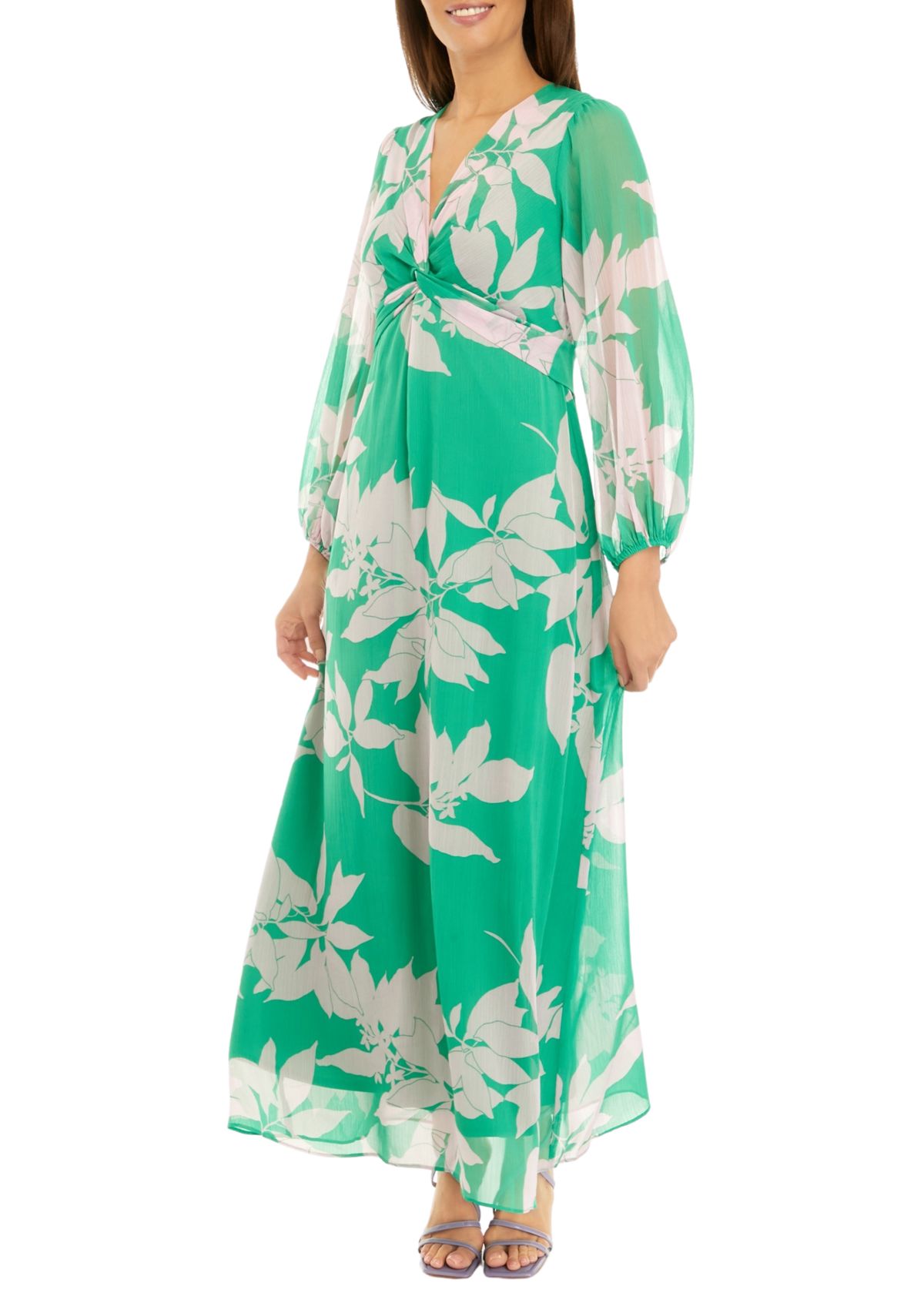 Womens Long Sleeve Floral Print Front Knot Chiffon Maxi Dress