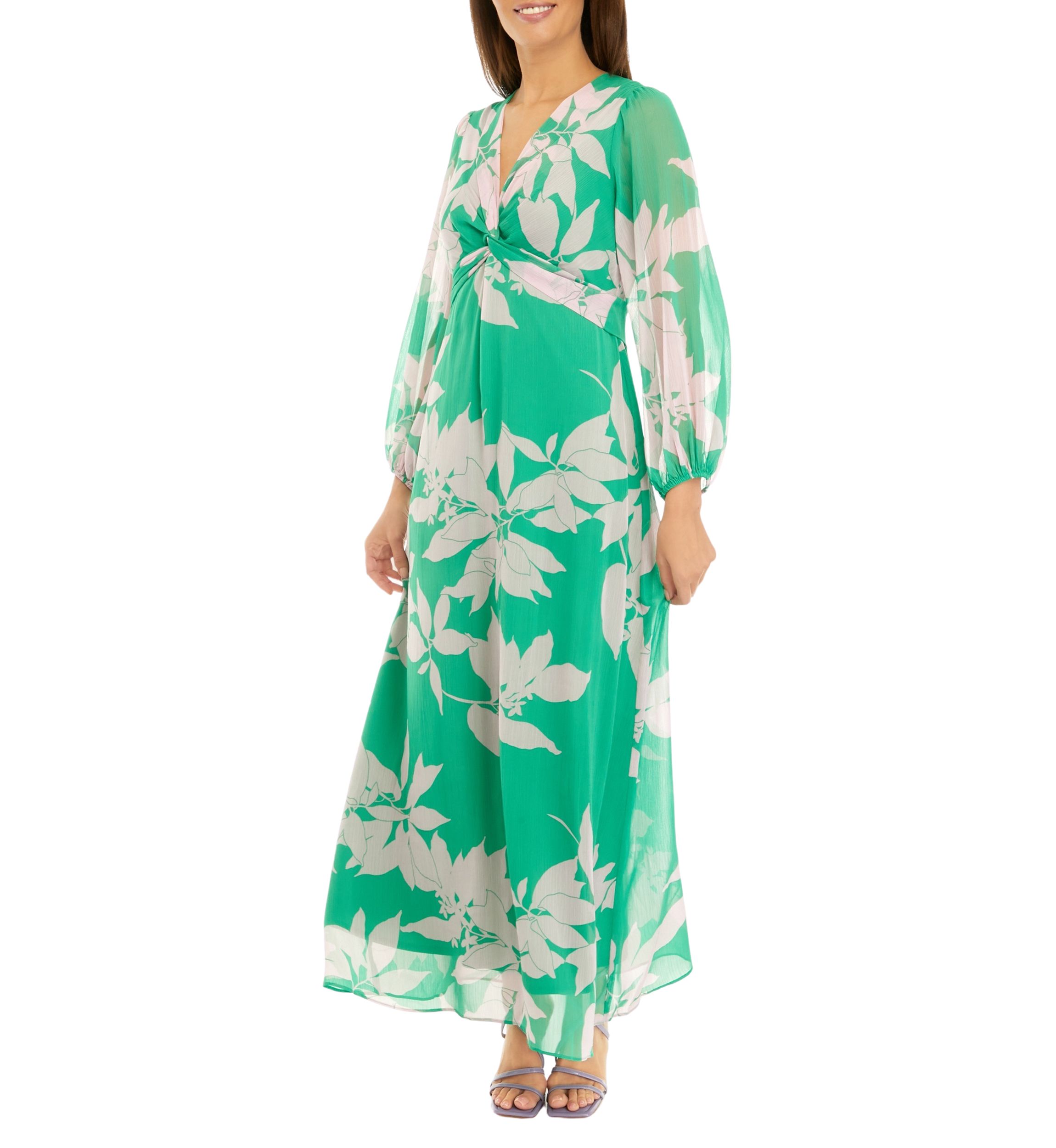 Womens Long Sleeve Floral Print Front Knot Chiffon Maxi Dress