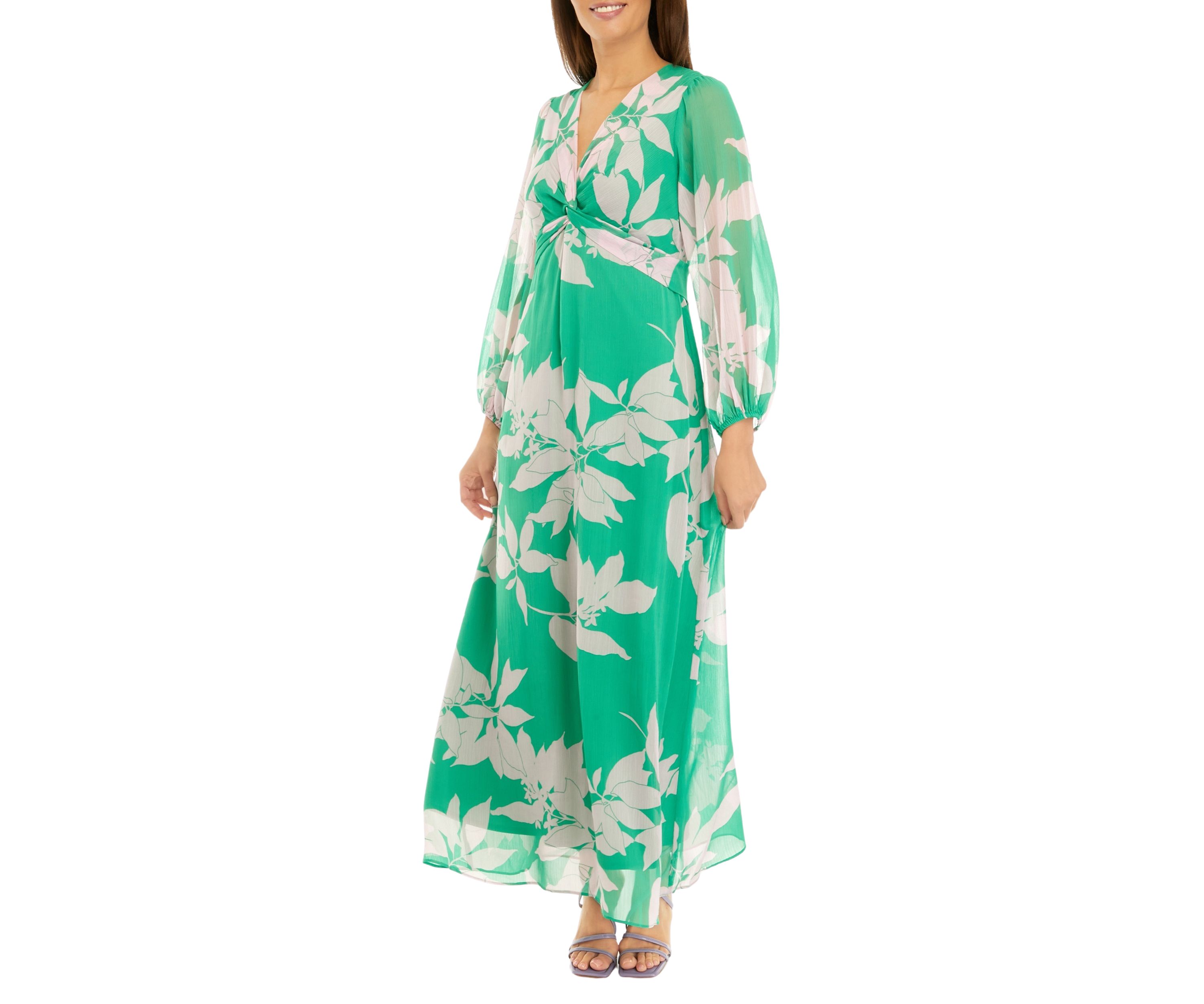 Womens Long Sleeve Floral Print Front Knot Chiffon Maxi Dress