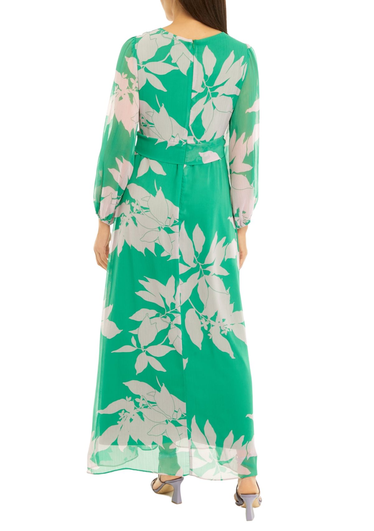 Womens Long Sleeve Floral Print Front Knot Chiffon Maxi Dress