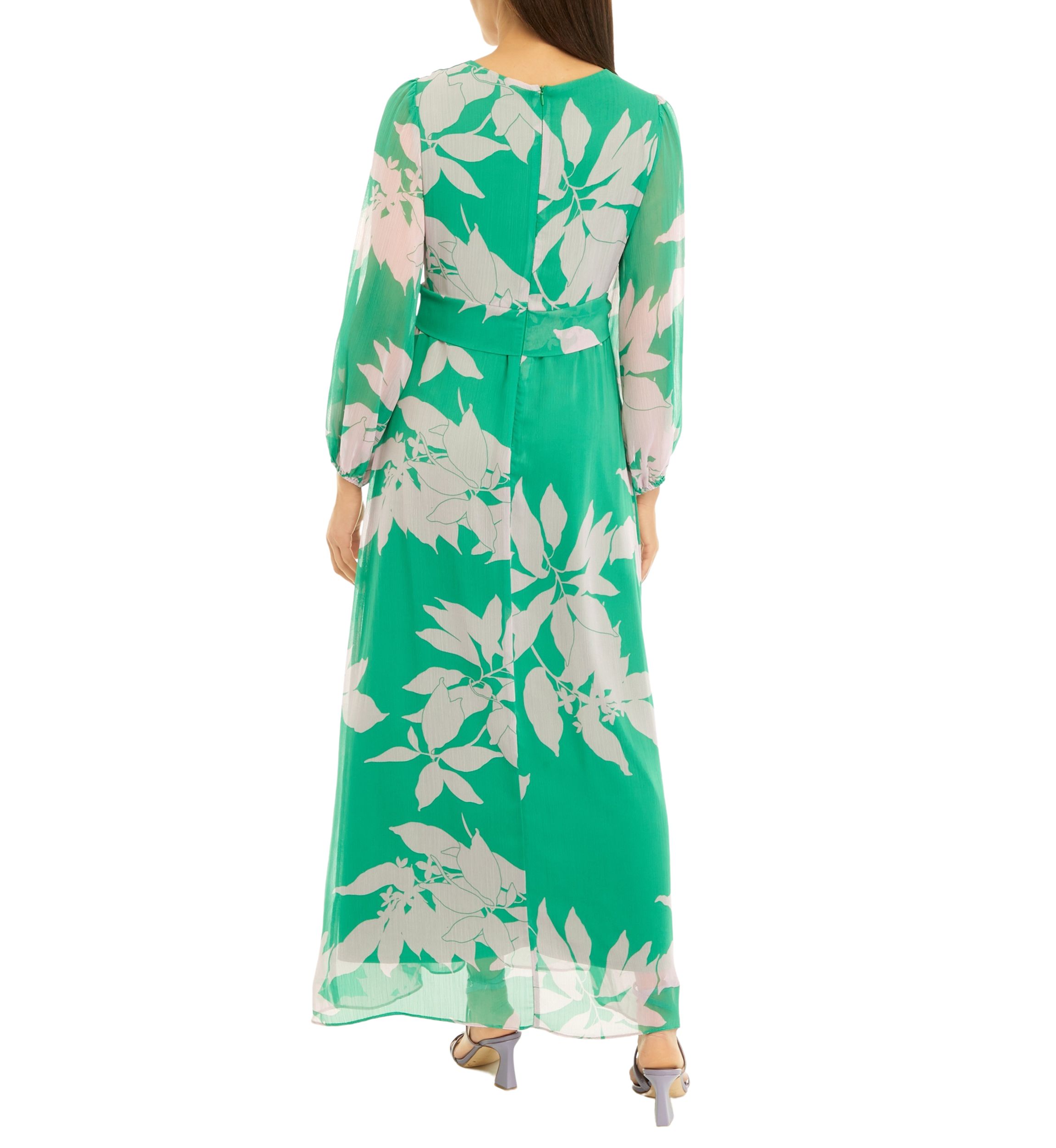 Womens Long Sleeve Floral Print Front Knot Chiffon Maxi Dress
