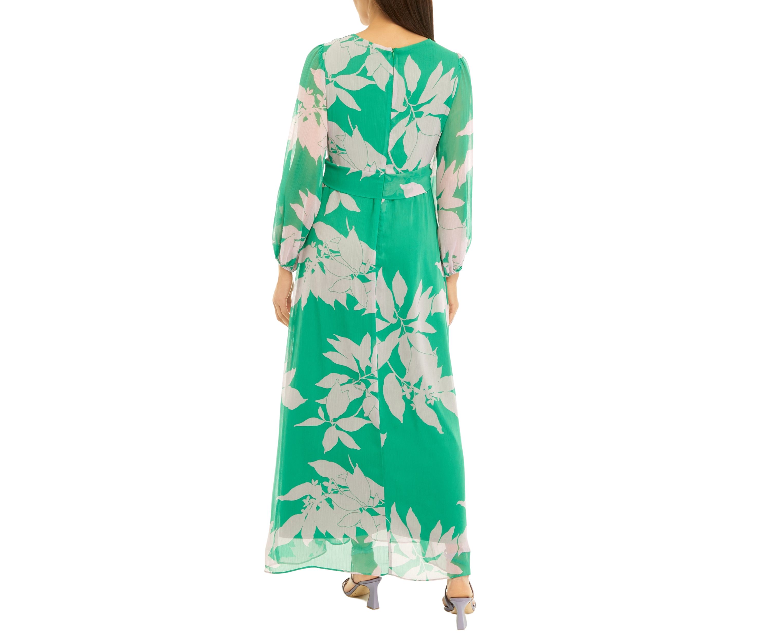 Womens Long Sleeve Floral Print Front Knot Chiffon Maxi Dress