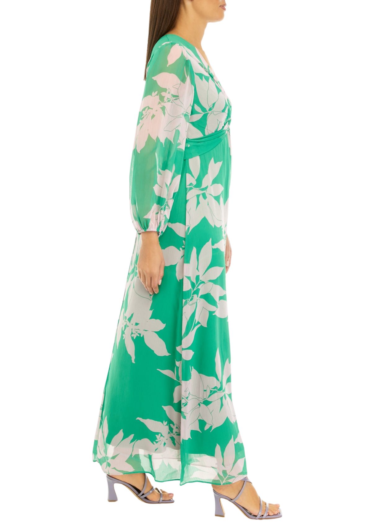 Womens Long Sleeve Floral Print Front Knot Chiffon Maxi Dress