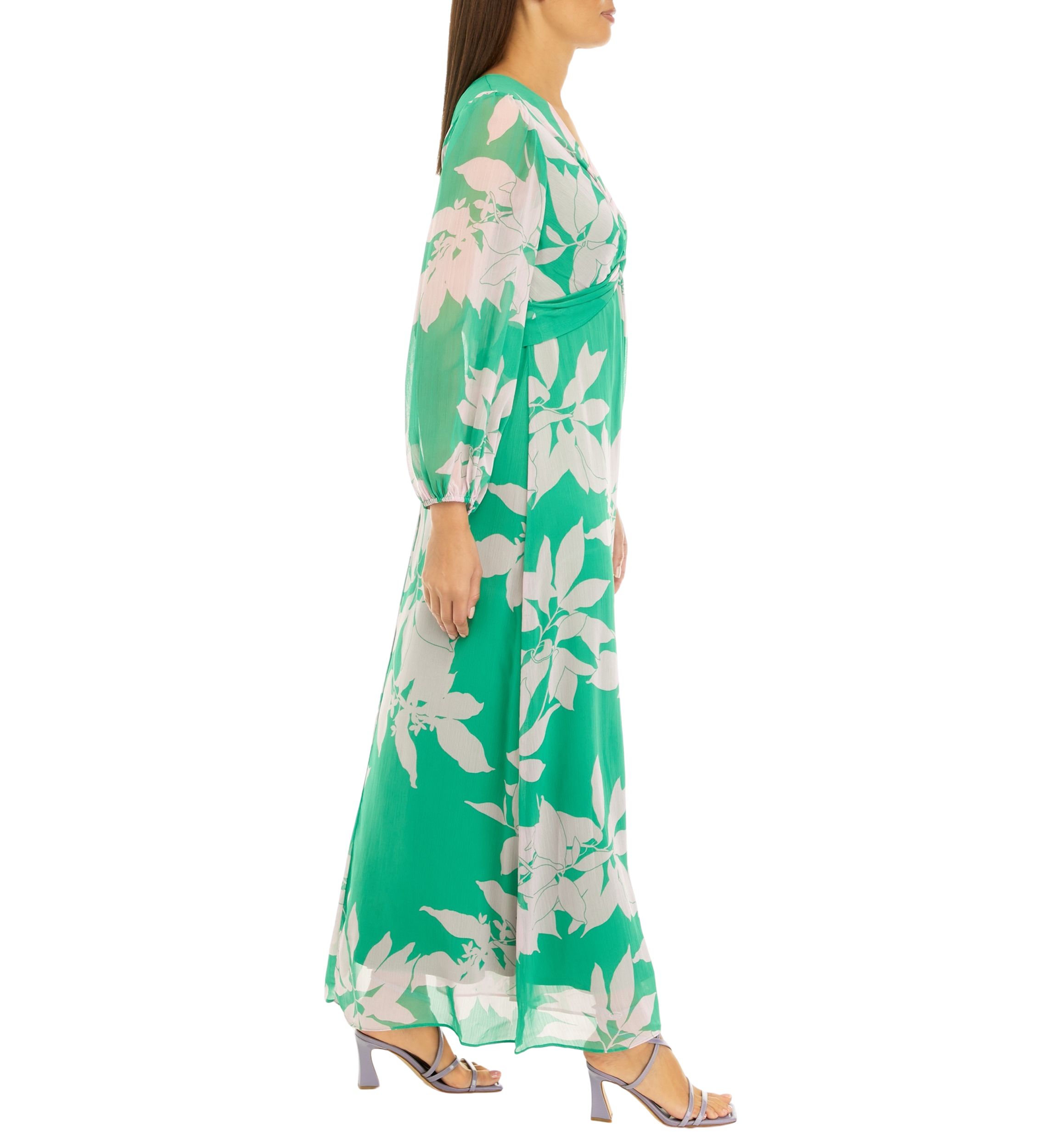 Womens Long Sleeve Floral Print Front Knot Chiffon Maxi Dress