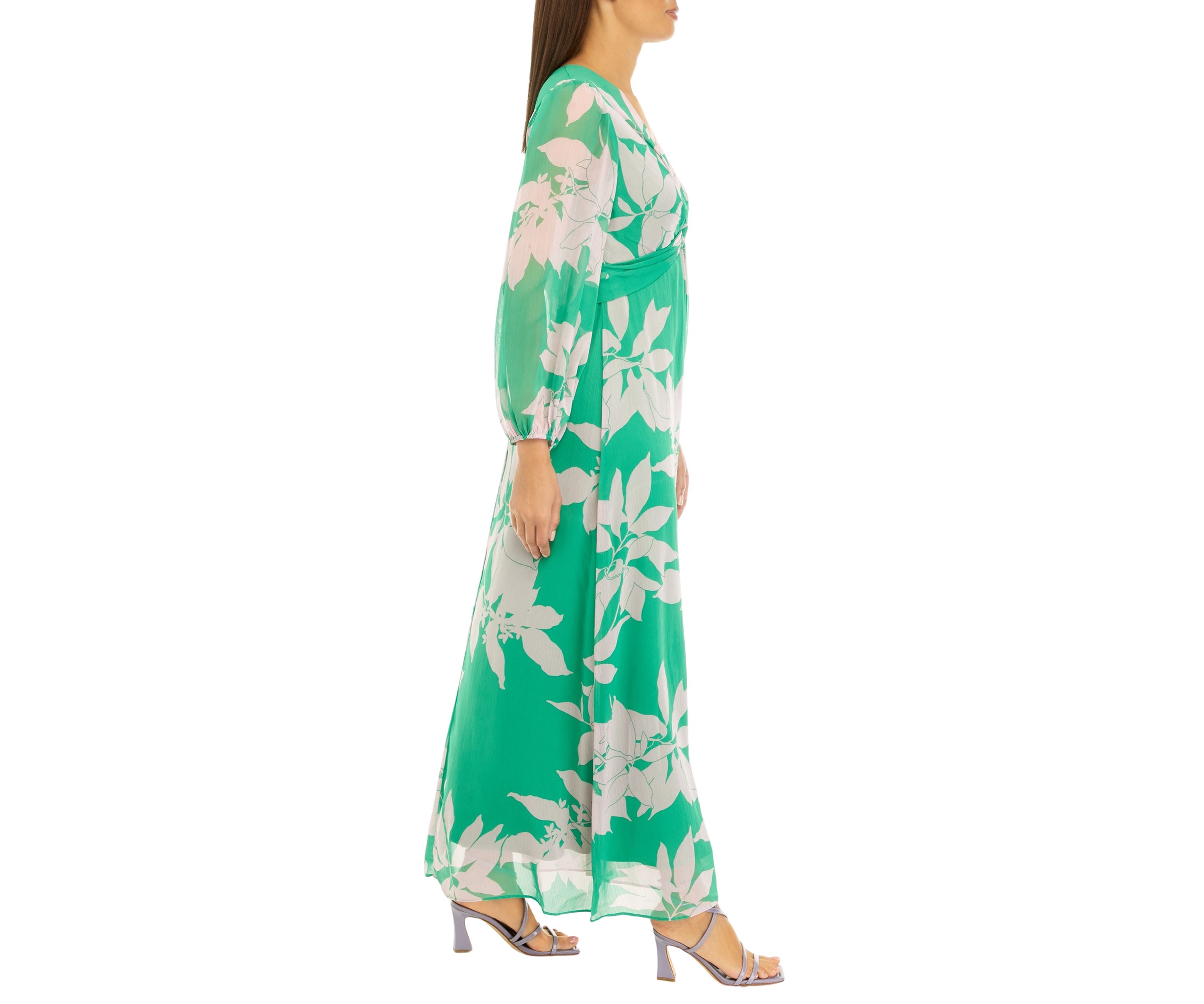 Womens Long Sleeve Floral Print Front Knot Chiffon Maxi Dress