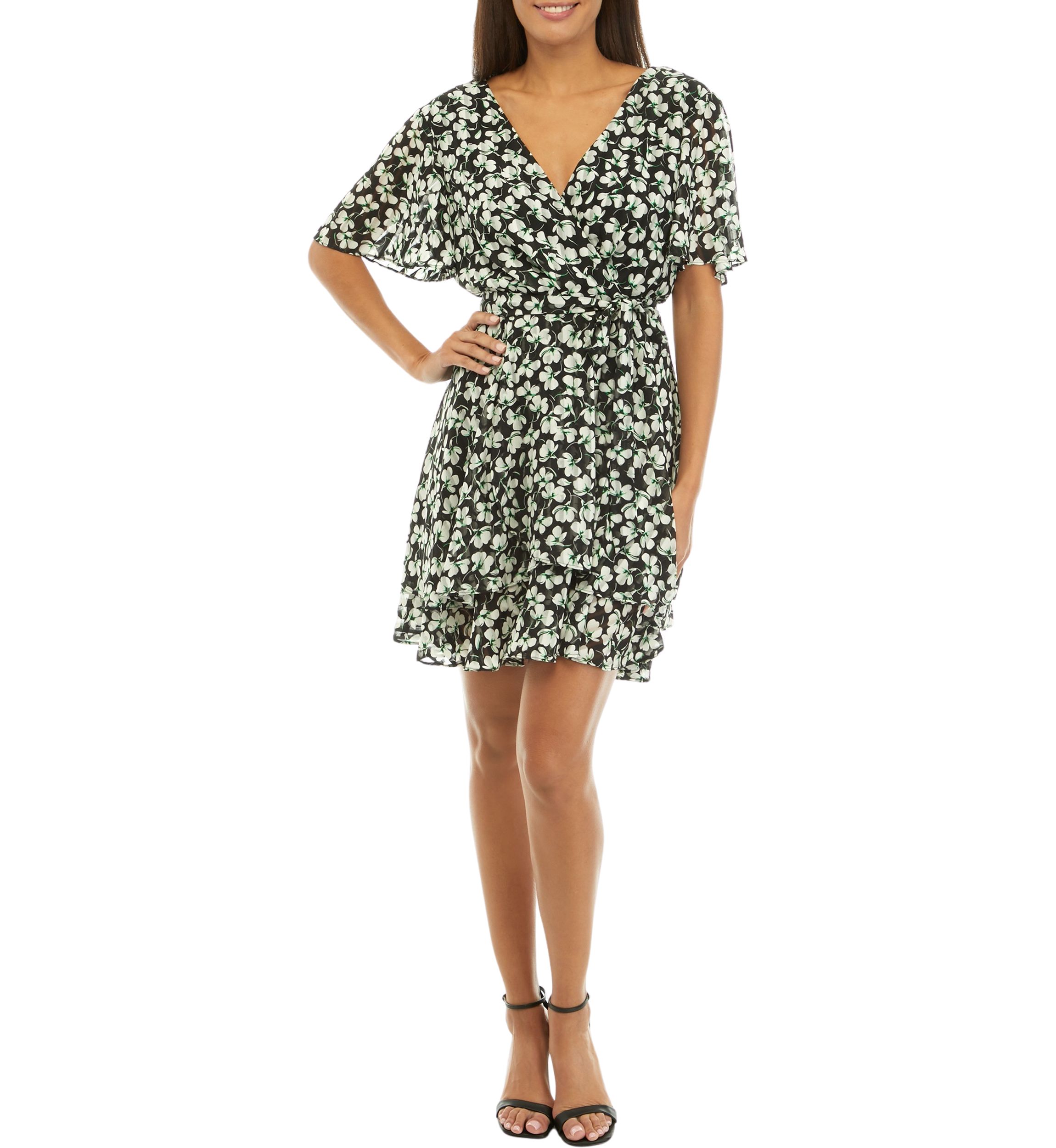 Womens Short Sleeve V-Neck Floral Print Fit and Flare Dress