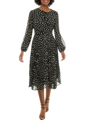 Women's Long Sleeve Asymmetrical Neck Dot Print Chiffon Dress