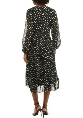 Women's Long Sleeve Asymmetrical Neck Dot Print Chiffon Dress