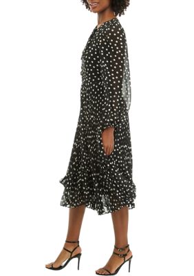 Women's Long Sleeve Asymmetrical Neck Dot Print Chiffon Dress