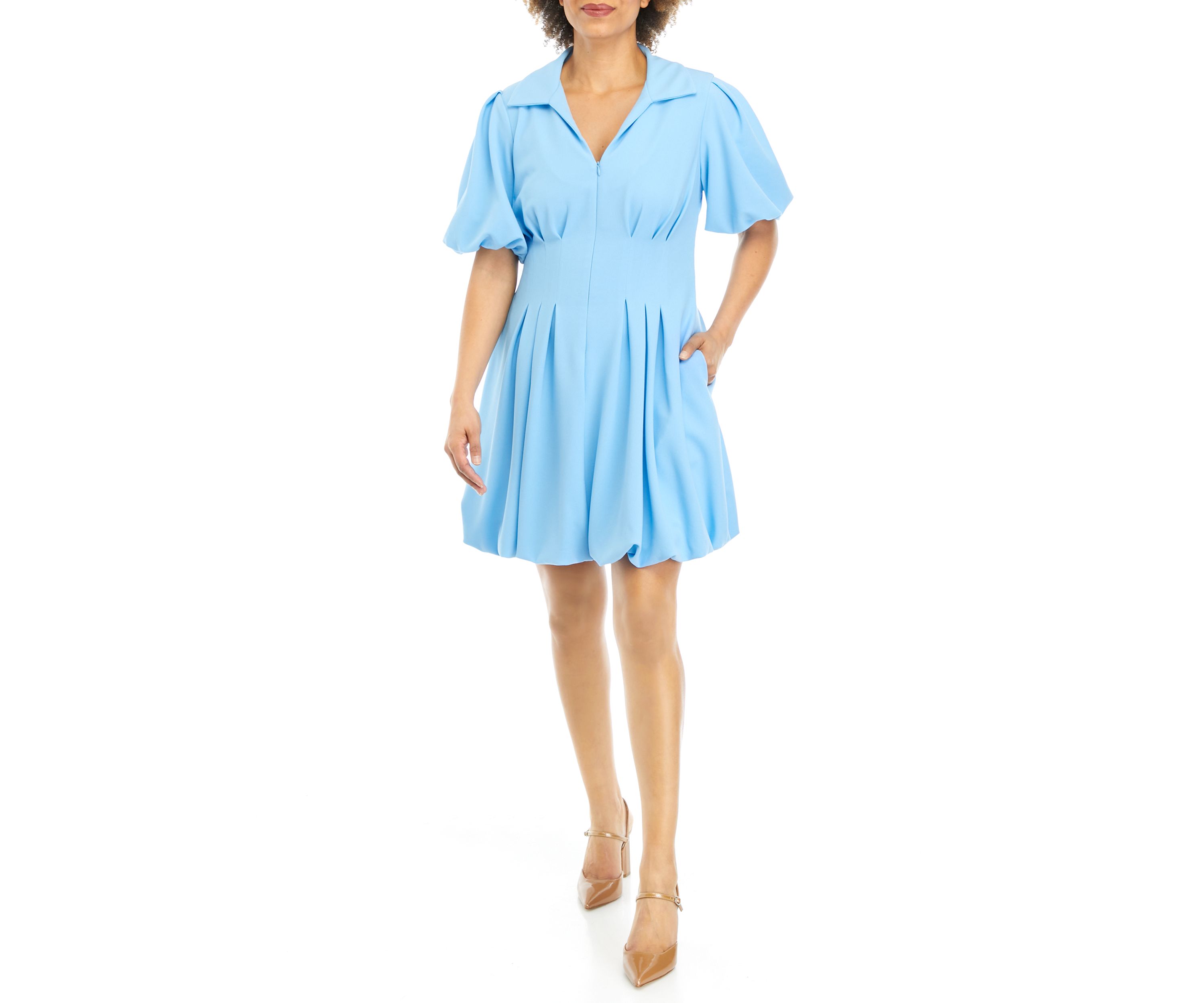 Womens Inverted Pleated Solid Crepe Fit and Flare Shirtdress