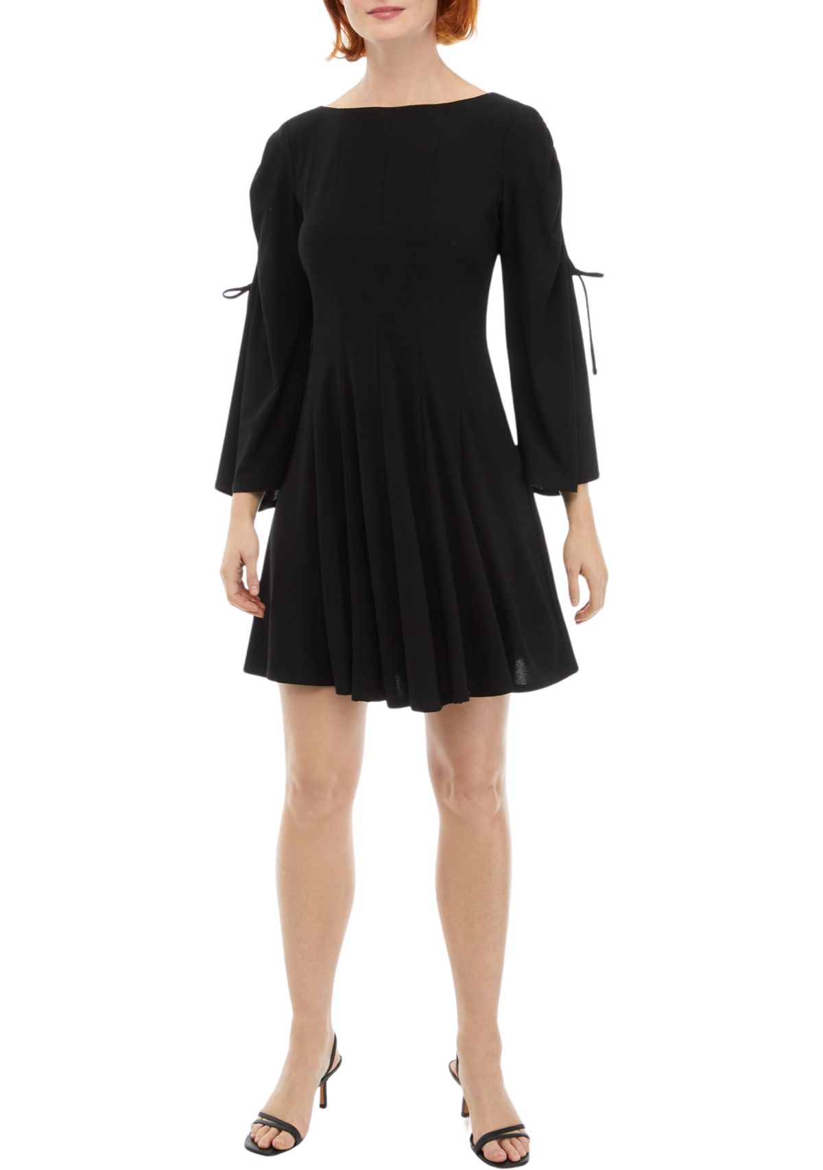 Womens Long Flare Sleeve Boat Neck Solid Fit and Flare Dress