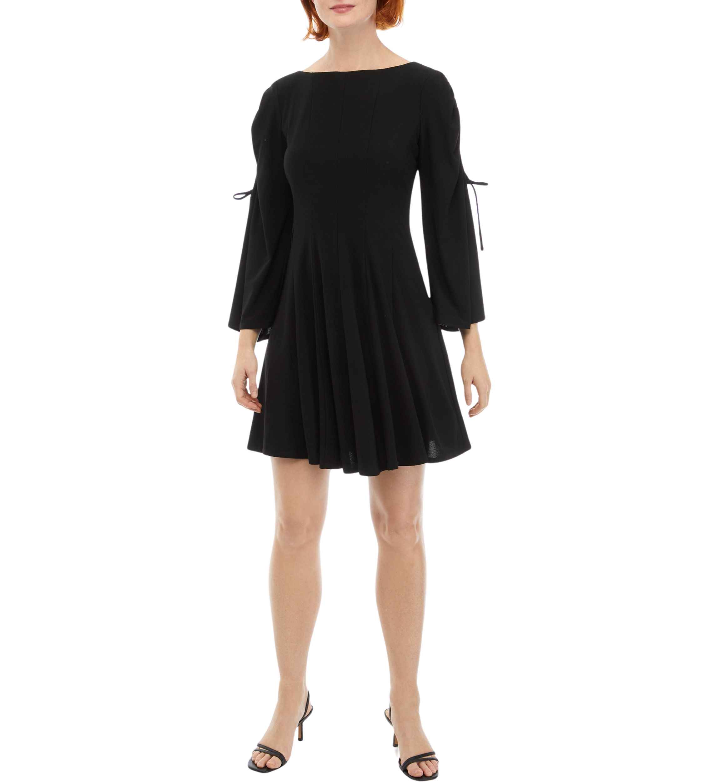 Womens Long Flare Sleeve Boat Neck Solid Fit and Flare Dress