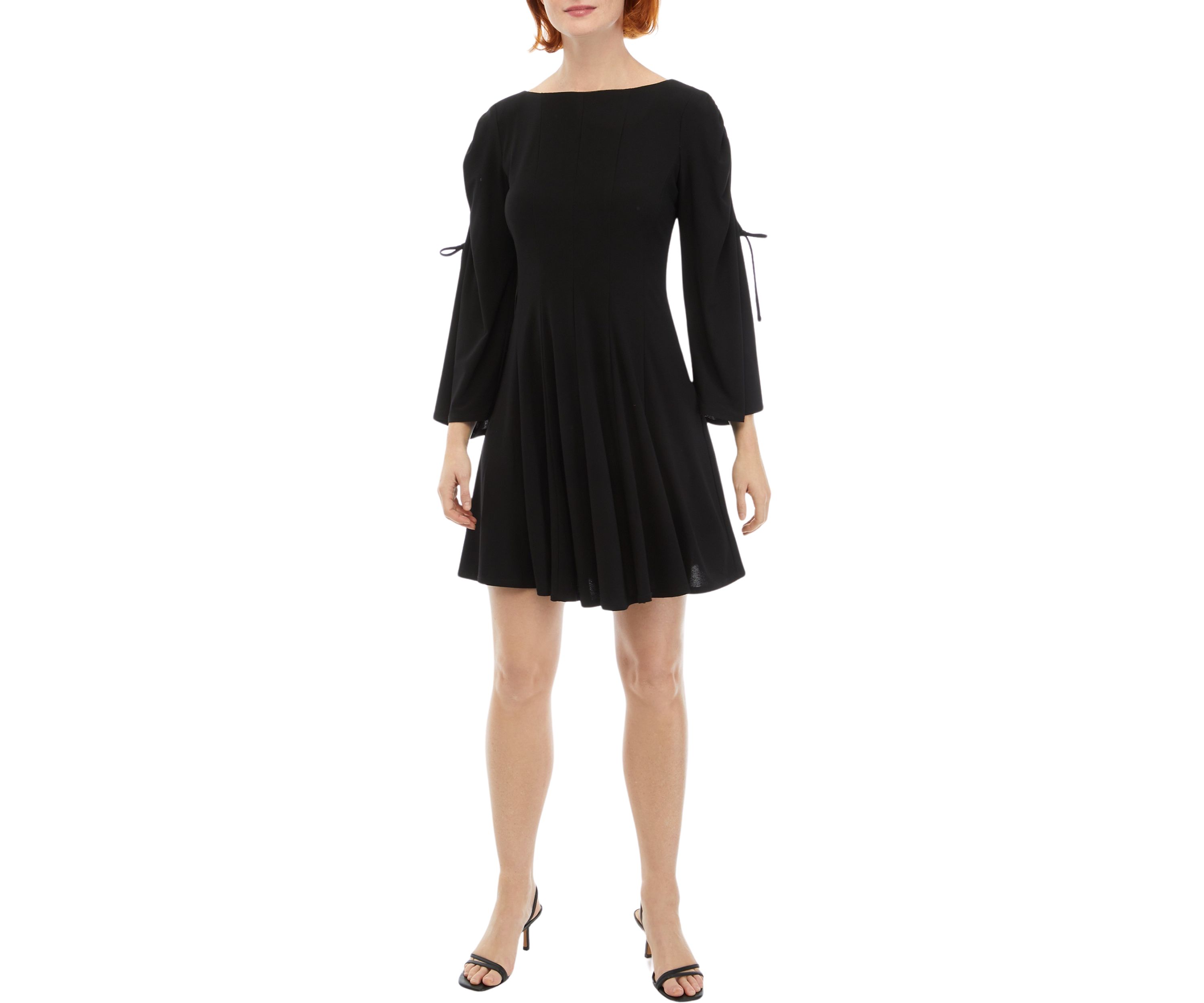 Womens Long Flare Sleeve Boat Neck Solid Fit and Flare Dress
