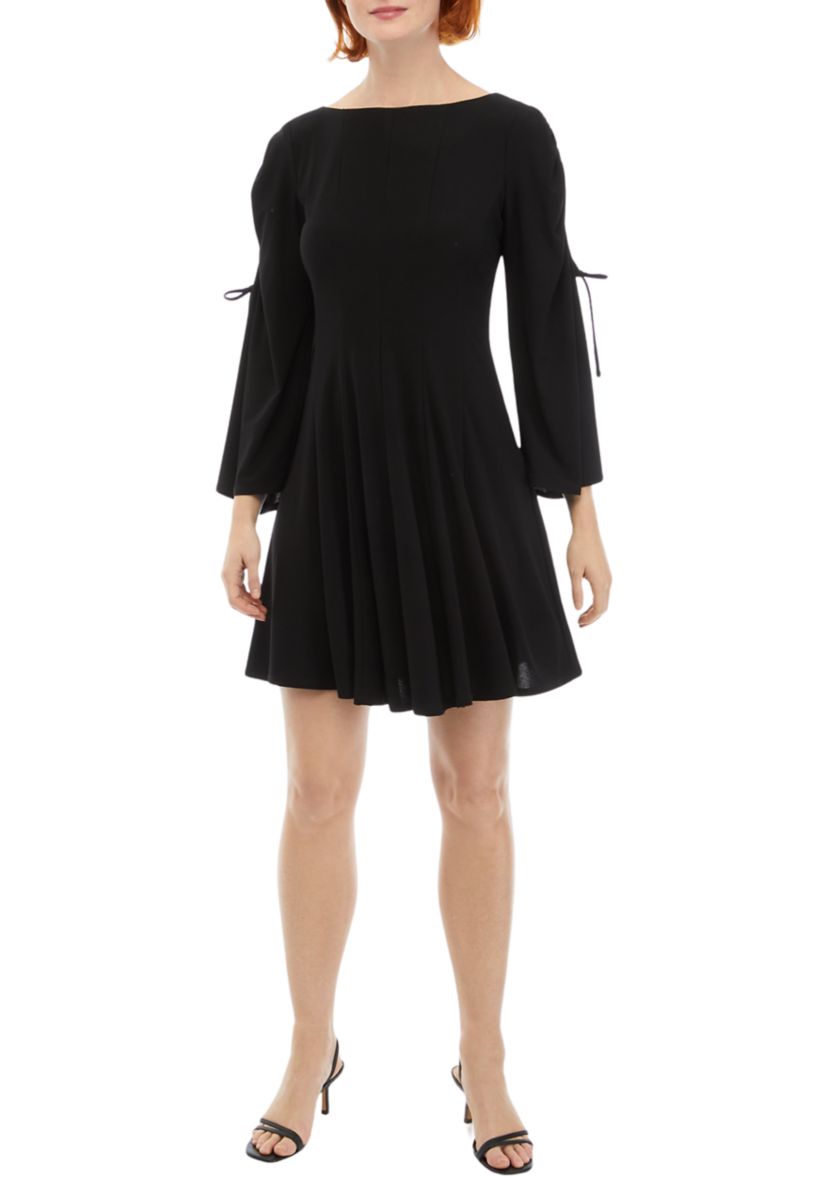 Womens Long Flare Sleeve Boat Neck Solid Fit and Flare Dress