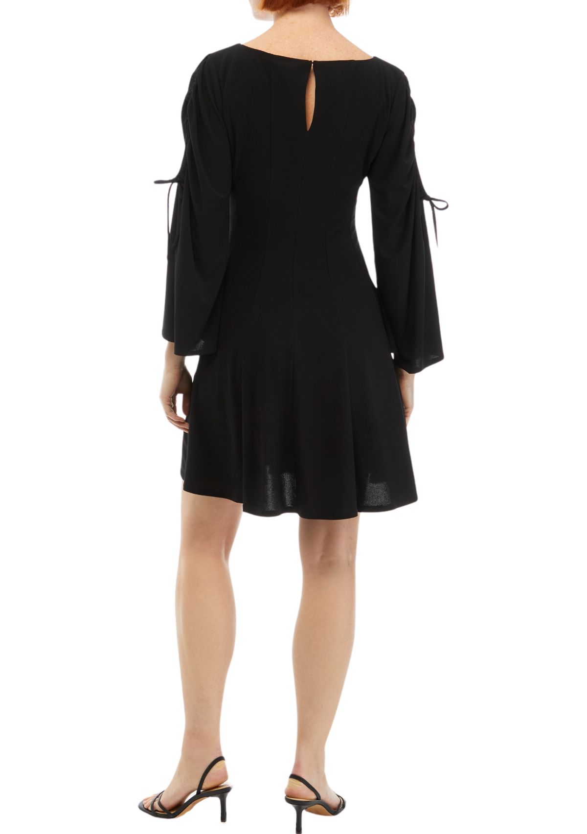 Womens Long Flare Sleeve Boat Neck Solid Fit and Flare Dress