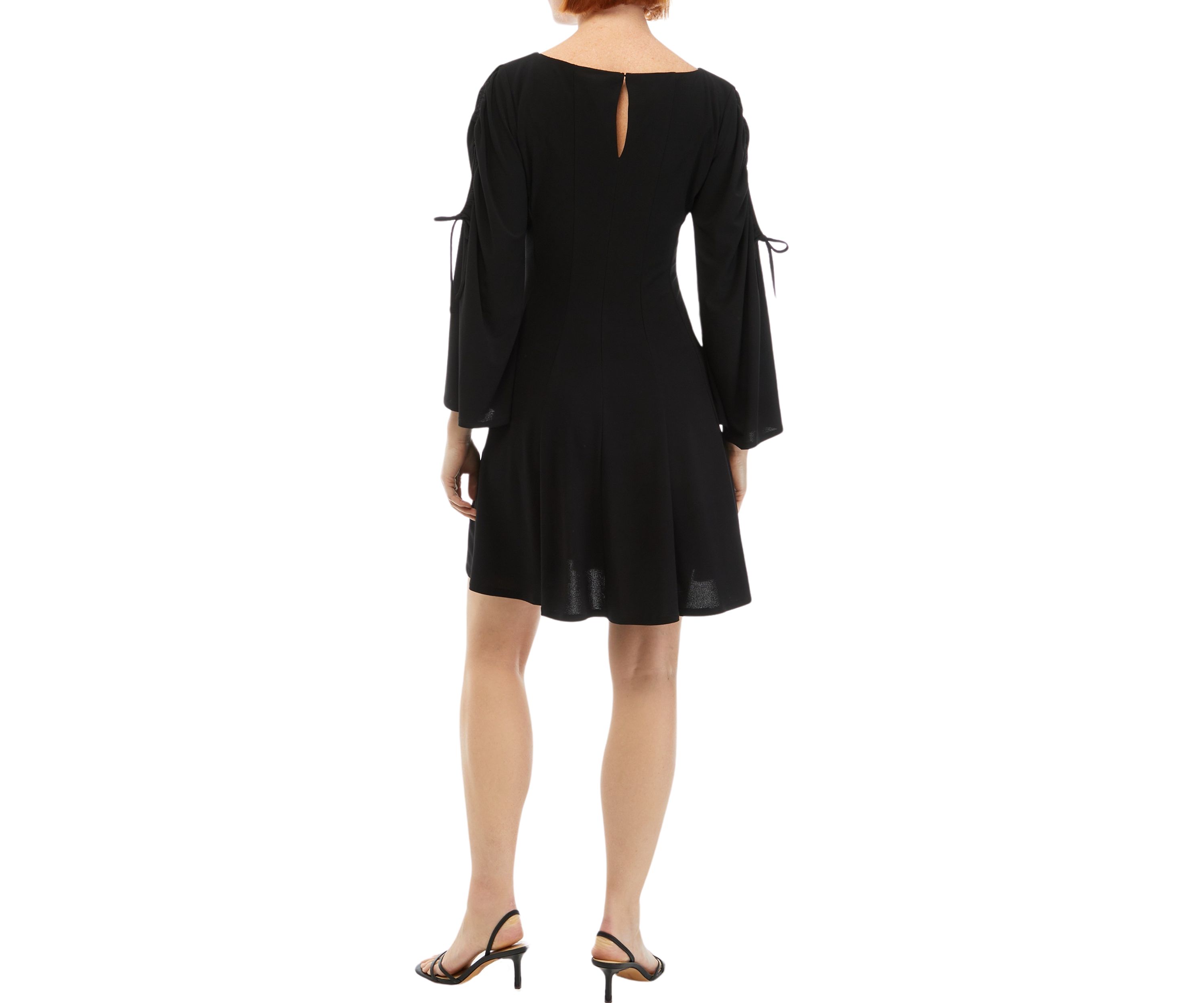 Womens Long Flare Sleeve Boat Neck Solid Fit and Flare Dress