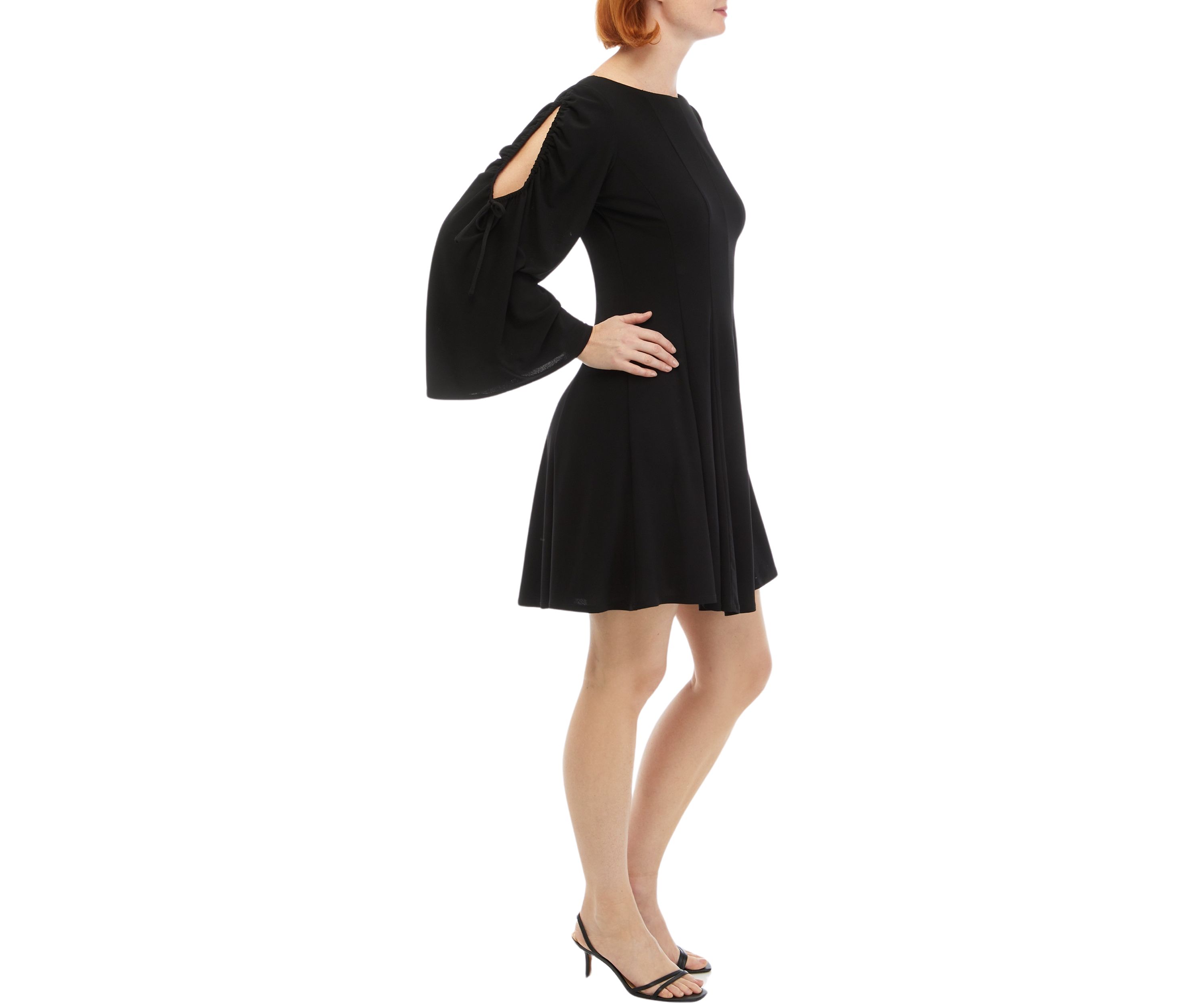 Womens Long Flare Sleeve Boat Neck Solid Fit and Flare Dress