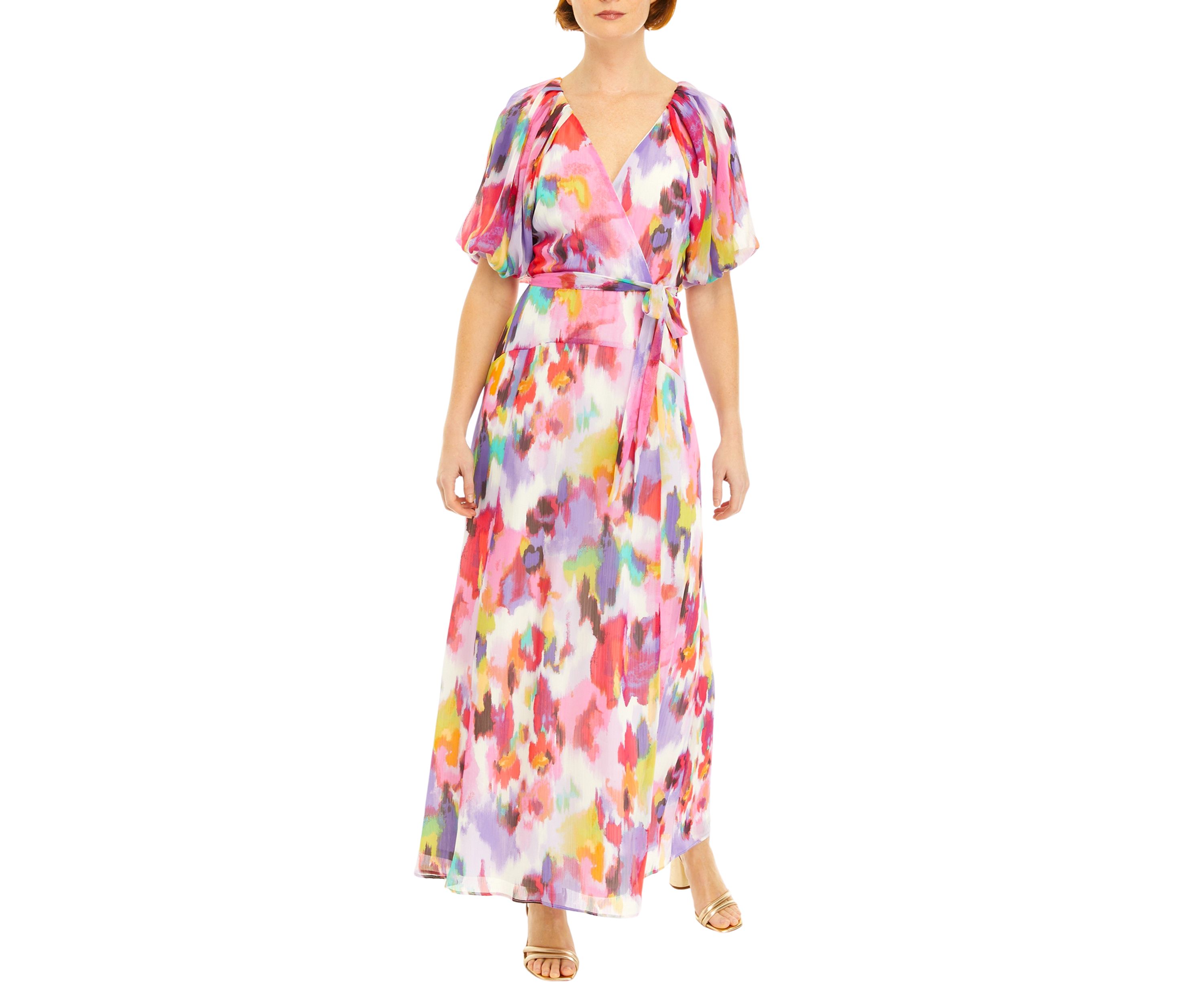 Womens Short Puff Sleeve Printed Surplice Chiffon Maxi Dress