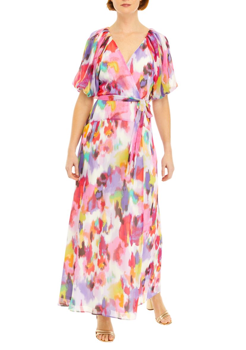 Womens Short Puff Sleeve Printed Surplice Chiffon Maxi Dress