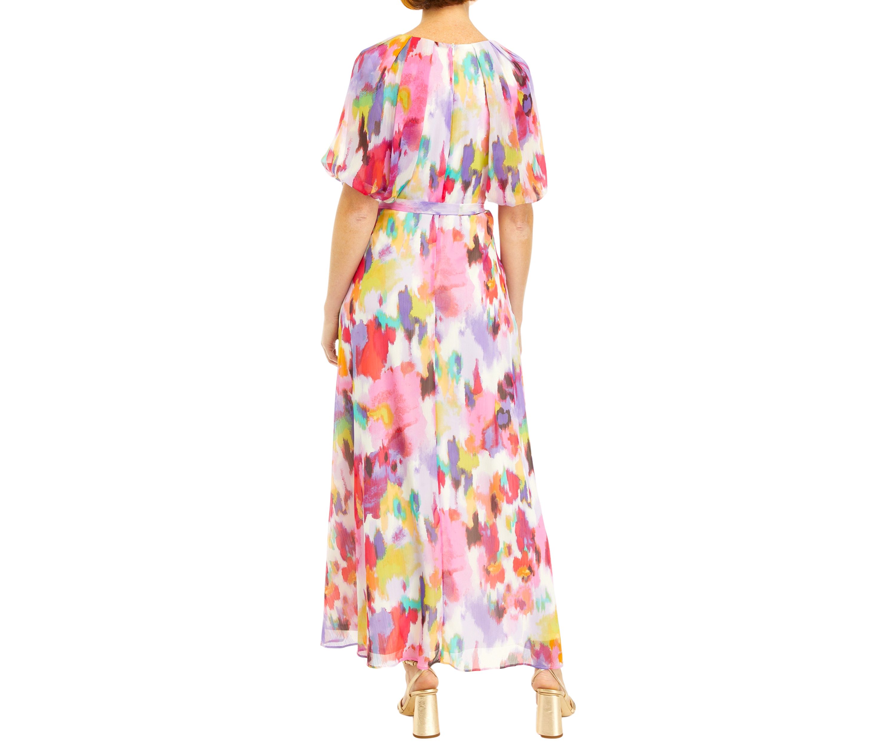 Womens Short Puff Sleeve Printed Surplice Chiffon Maxi Dress