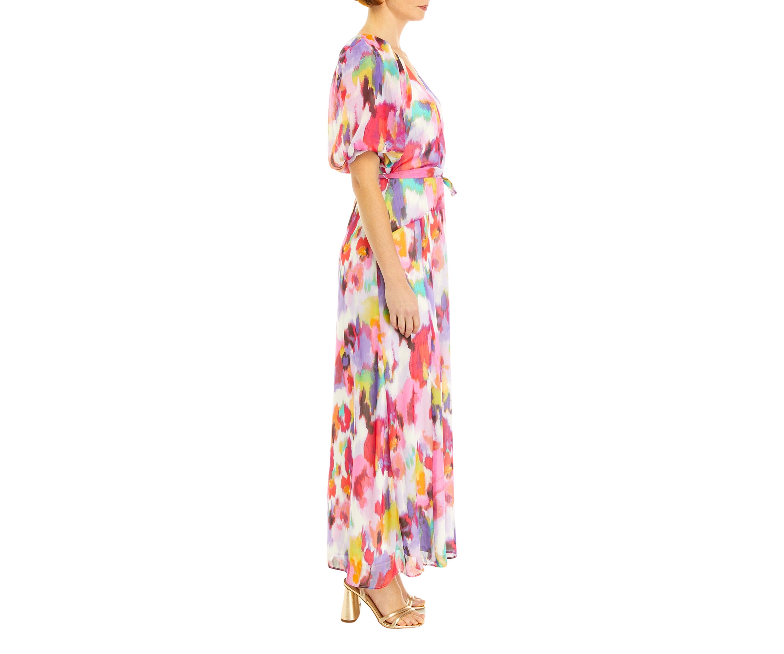Womens Short Puff Sleeve Printed Surplice Chiffon Maxi Dress