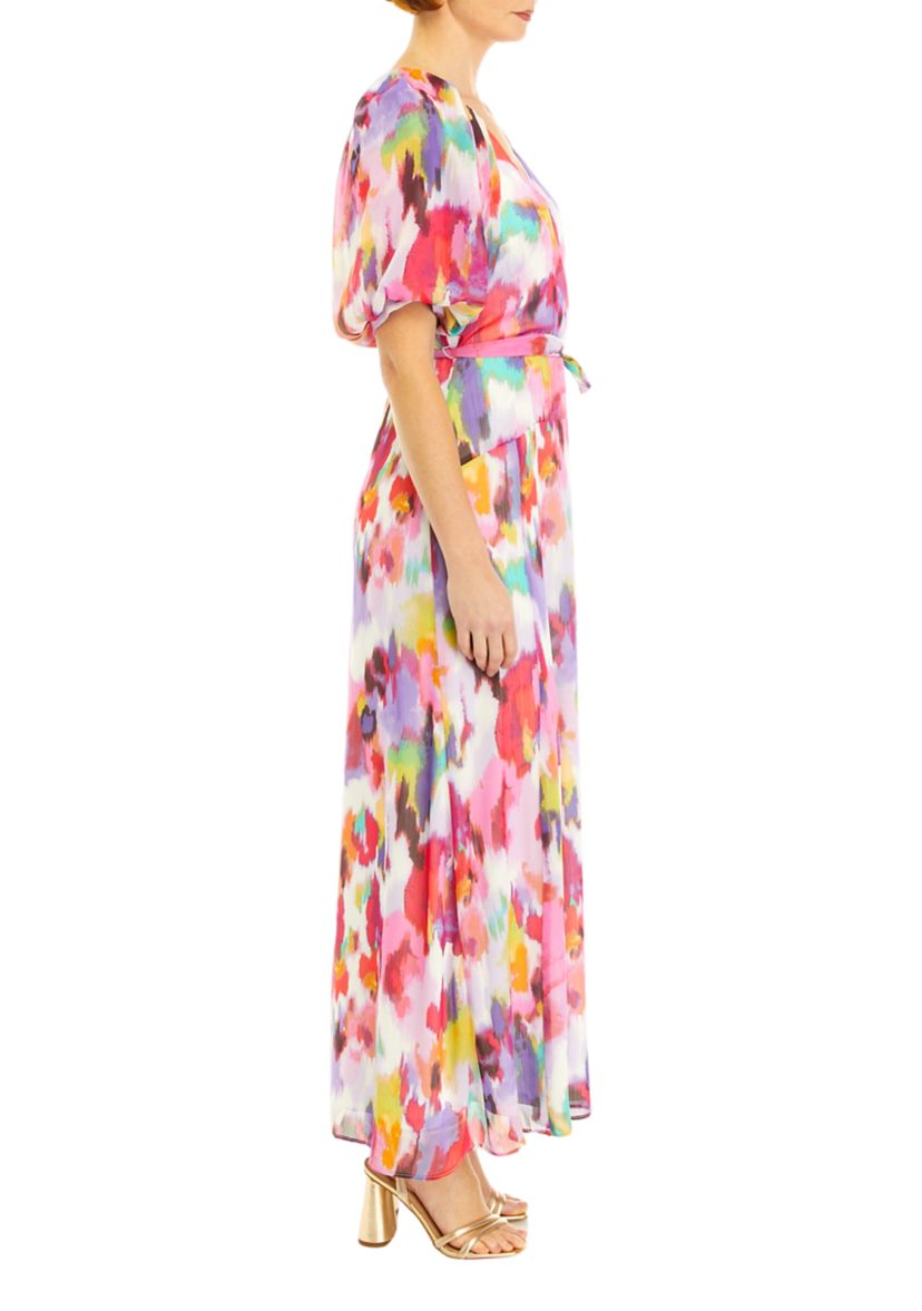 Womens Short Puff Sleeve Printed Surplice Chiffon Maxi Dress
