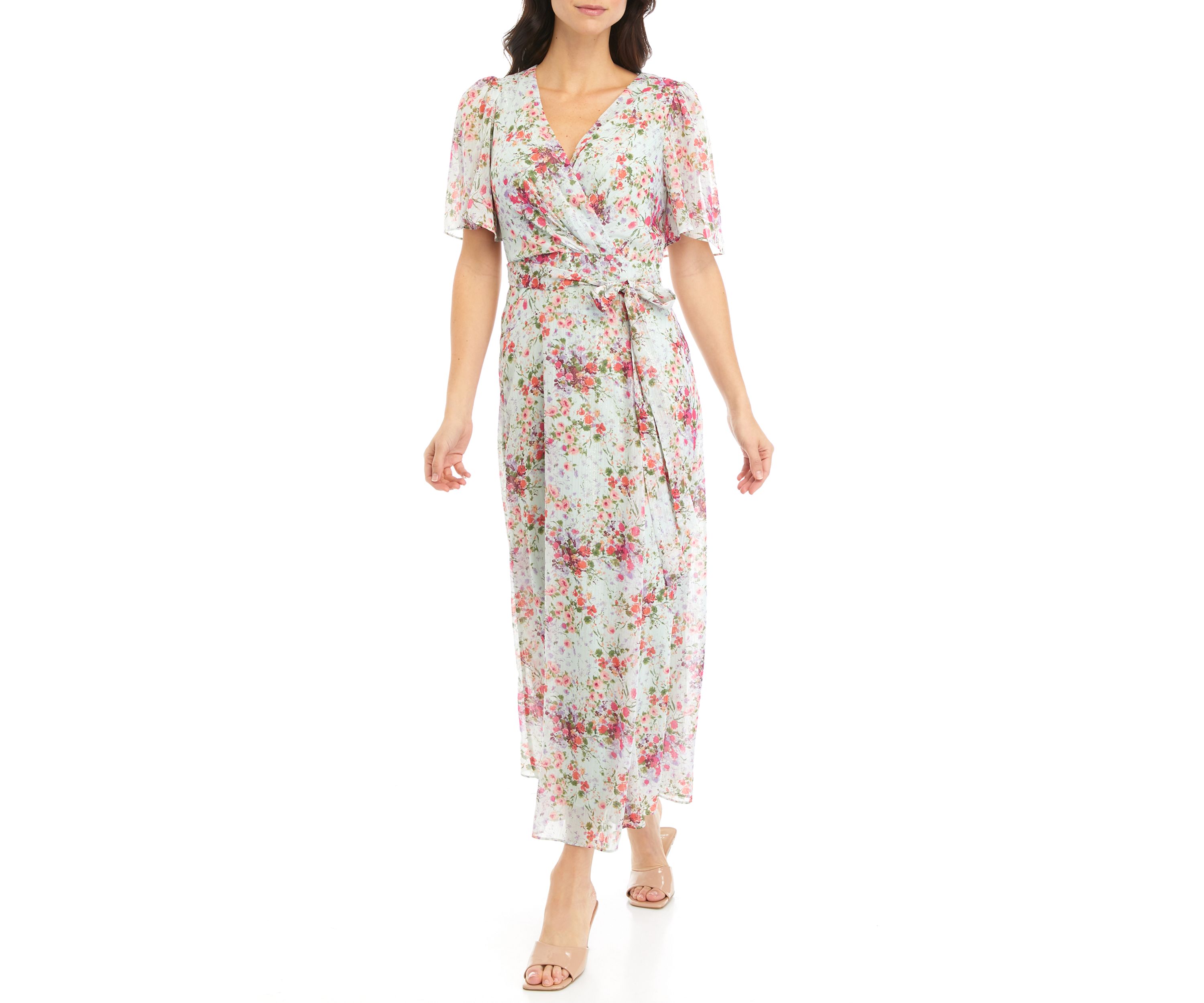 Womens Puff Sleeve Floral Lurex Chiffon Wrap Maxi Dress