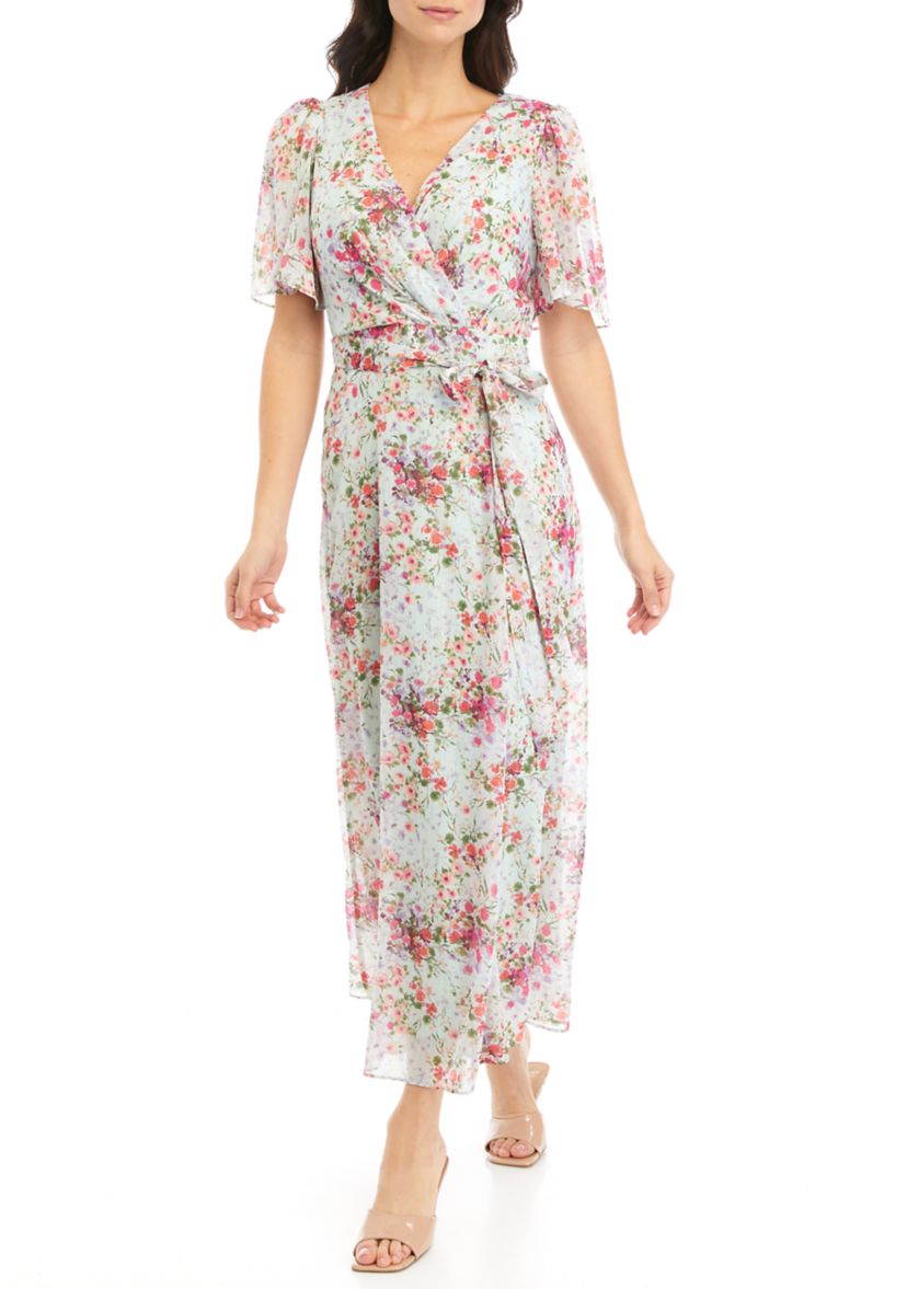 Womens Puff Sleeve Floral Lurex Chiffon Wrap Maxi Dress