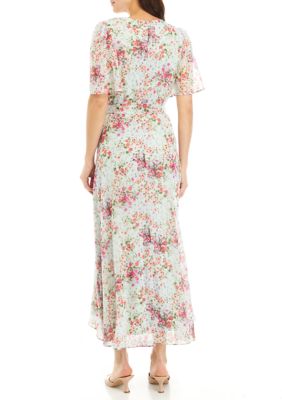 Women's Puff Sleeve Floral Lurex Chiffon Wrap Maxi Dress