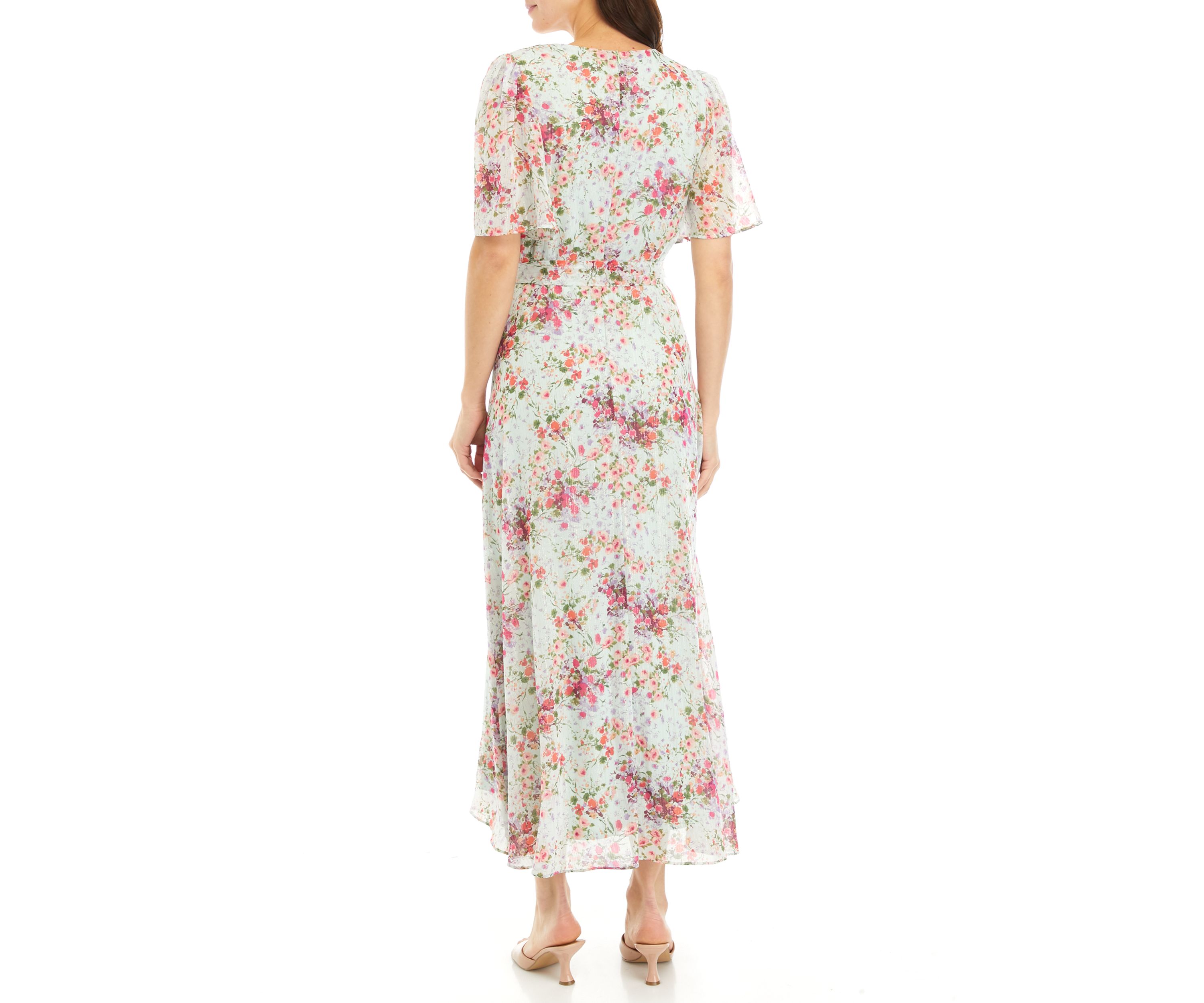 Womens Puff Sleeve Floral Lurex Chiffon Wrap Maxi Dress