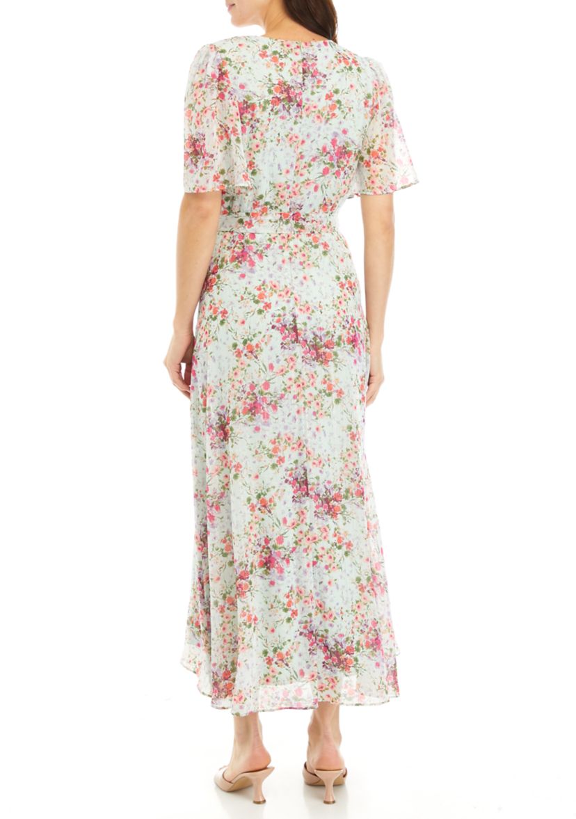 Womens Puff Sleeve Floral Lurex Chiffon Wrap Maxi Dress