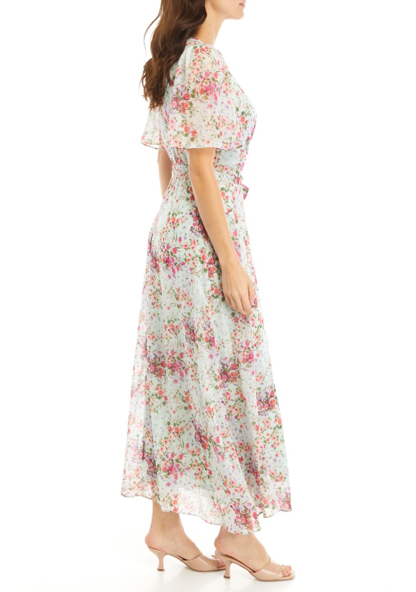 Womens Puff Sleeve Floral Lurex Chiffon Wrap Maxi Dress