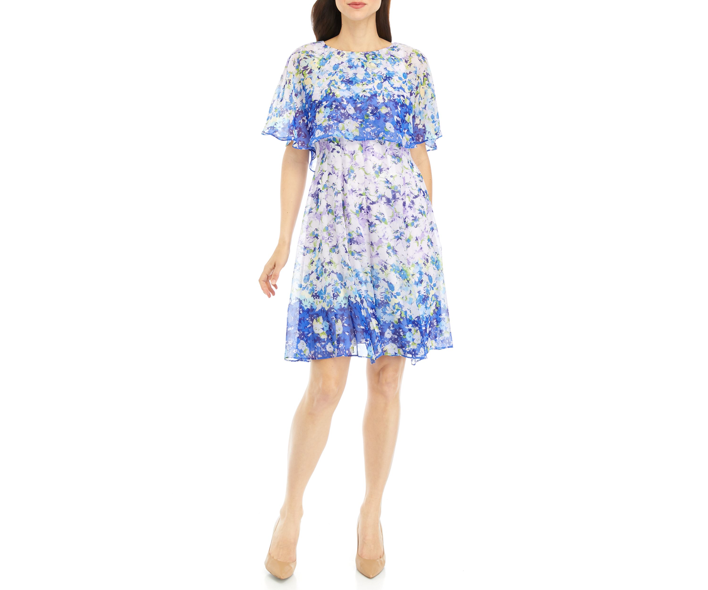 Womens Ombré Floral Printed Chiffon Fit and Flare Dress