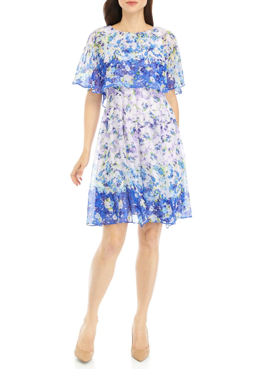 Womens Ombré Floral Printed Chiffon Fit and Flare Dress