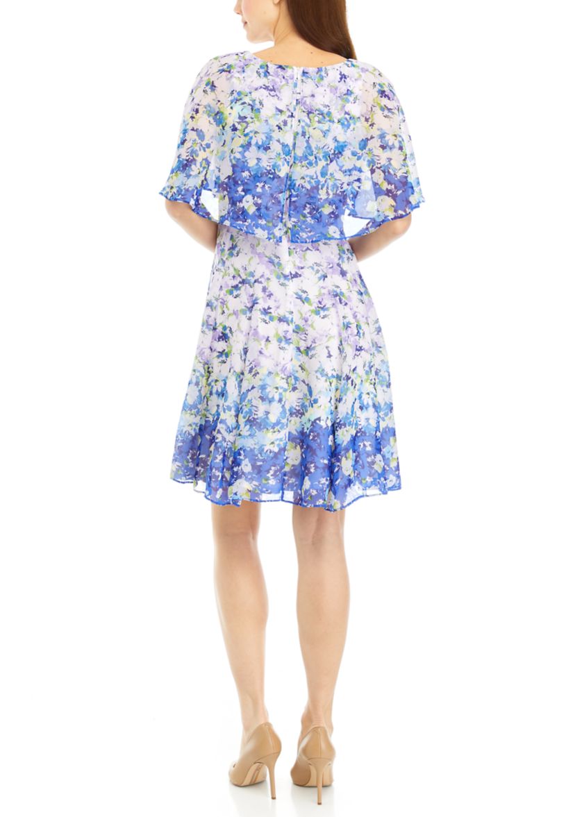 Womens Ombré Floral Printed Chiffon Fit and Flare Dress