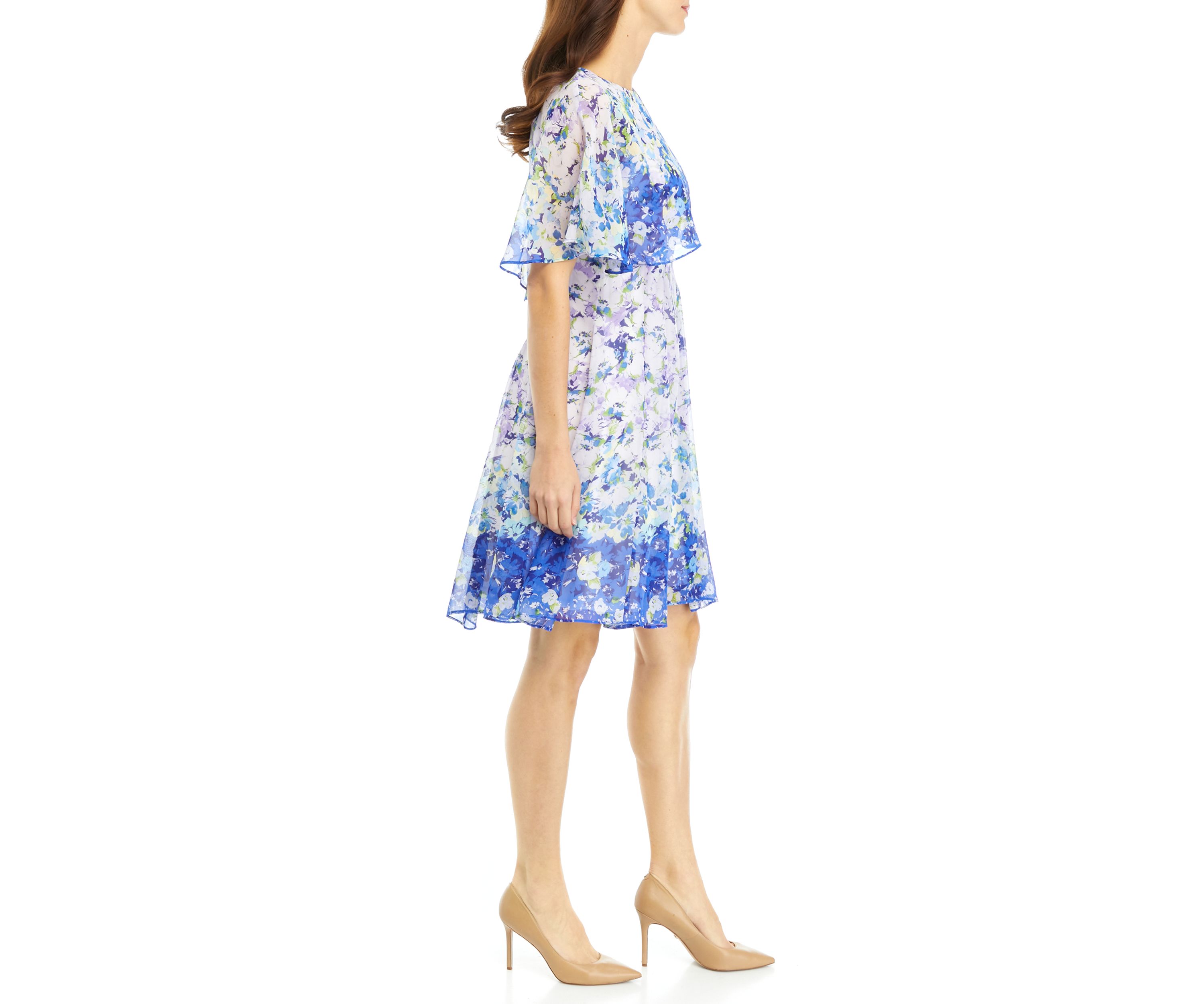Womens Ombré Floral Printed Chiffon Fit and Flare Dress