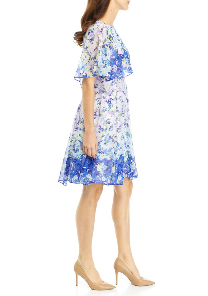Womens Ombré Floral Printed Chiffon Fit and Flare Dress
