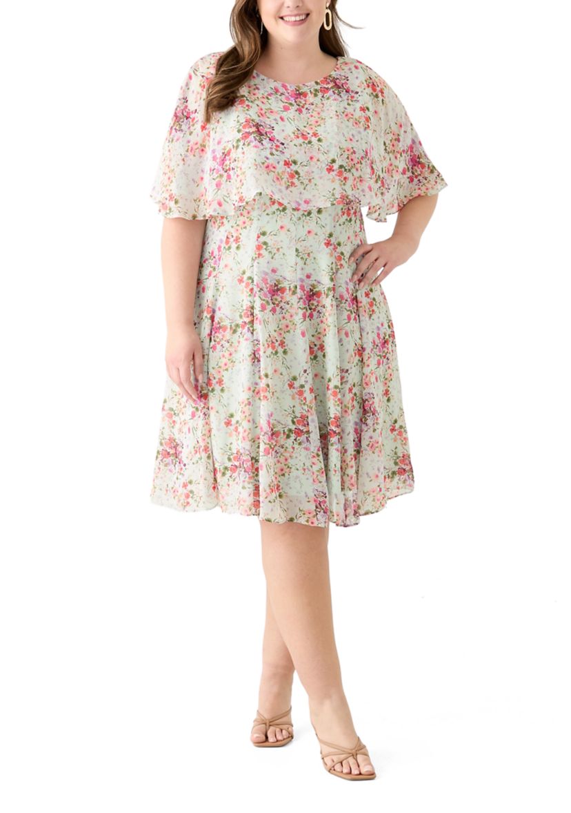 Plus Size Short Sleeve Crew Neck Ditsy Floral Dress