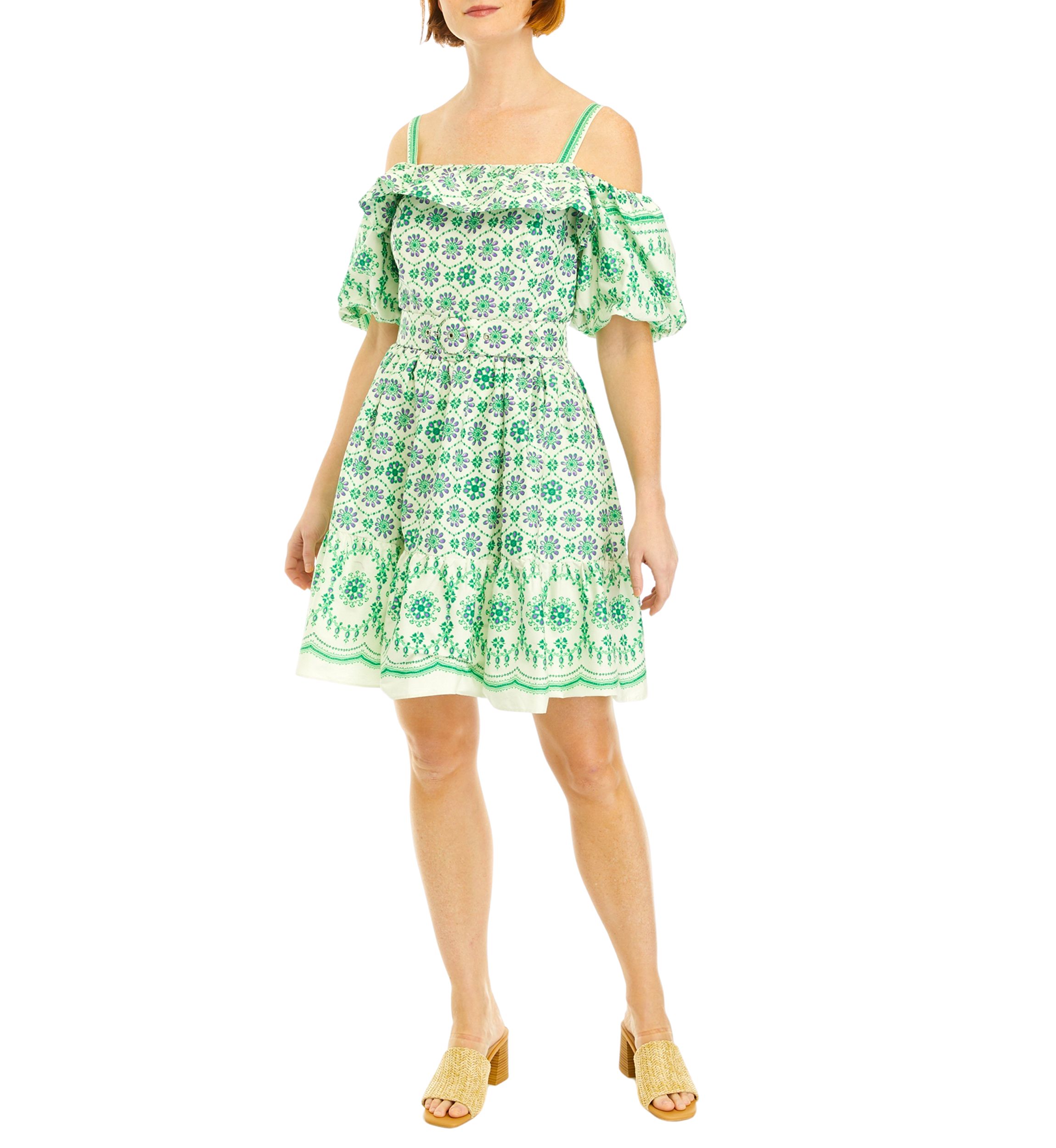 Womens Short Sleeve Cold Shoulder Medallion Border Print Fit and Flare Dress