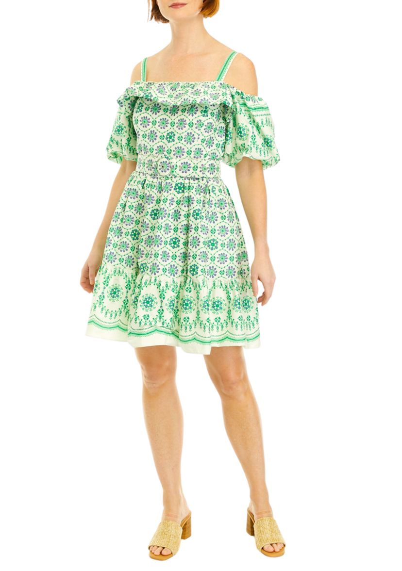 Womens Short Sleeve Cold Shoulder Medallion Border Print Fit and Flare Dress