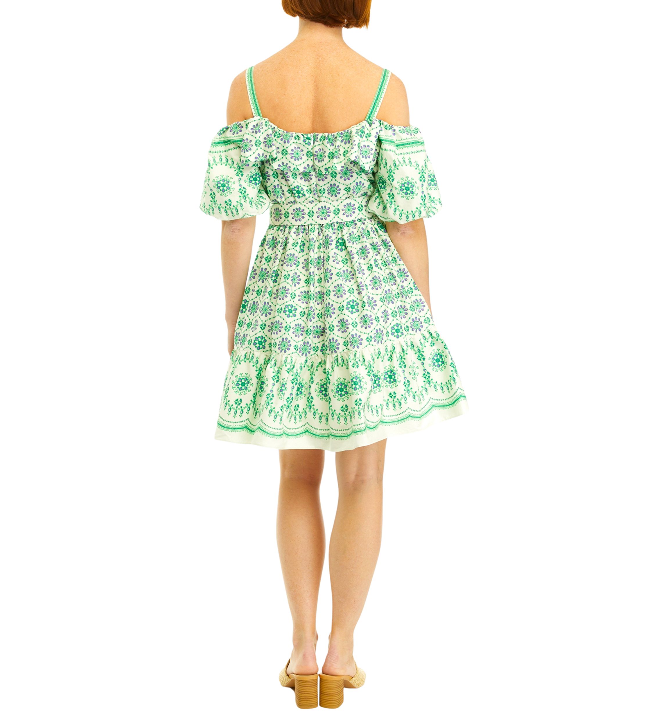 Womens Short Sleeve Cold Shoulder Medallion Border Print Fit and Flare Dress